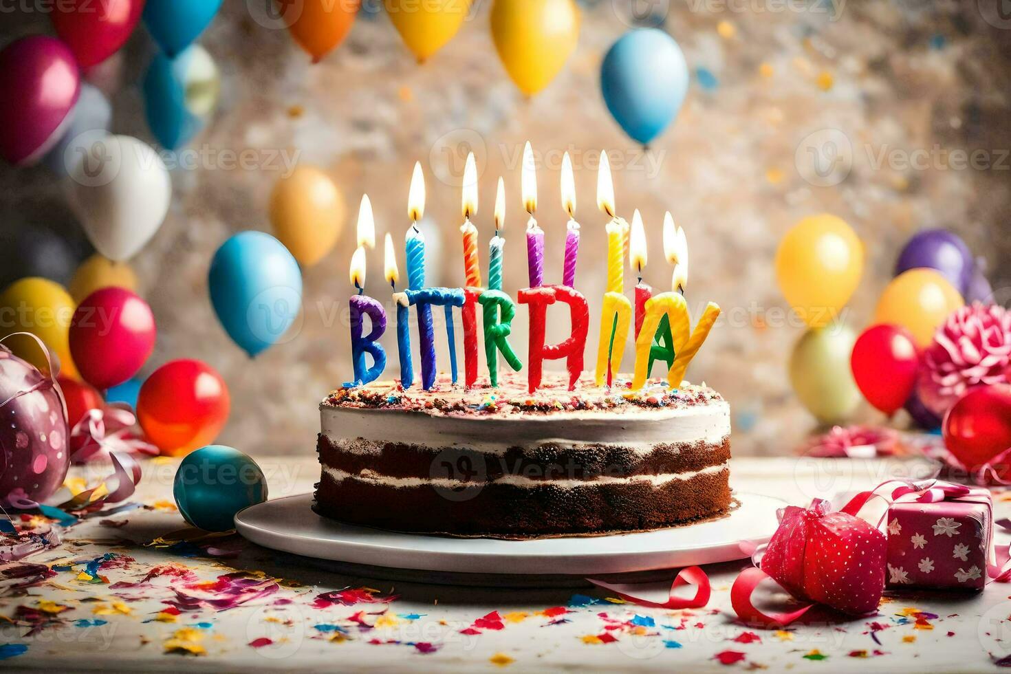 aniversário bolo com velas em topo. gerado por IA foto