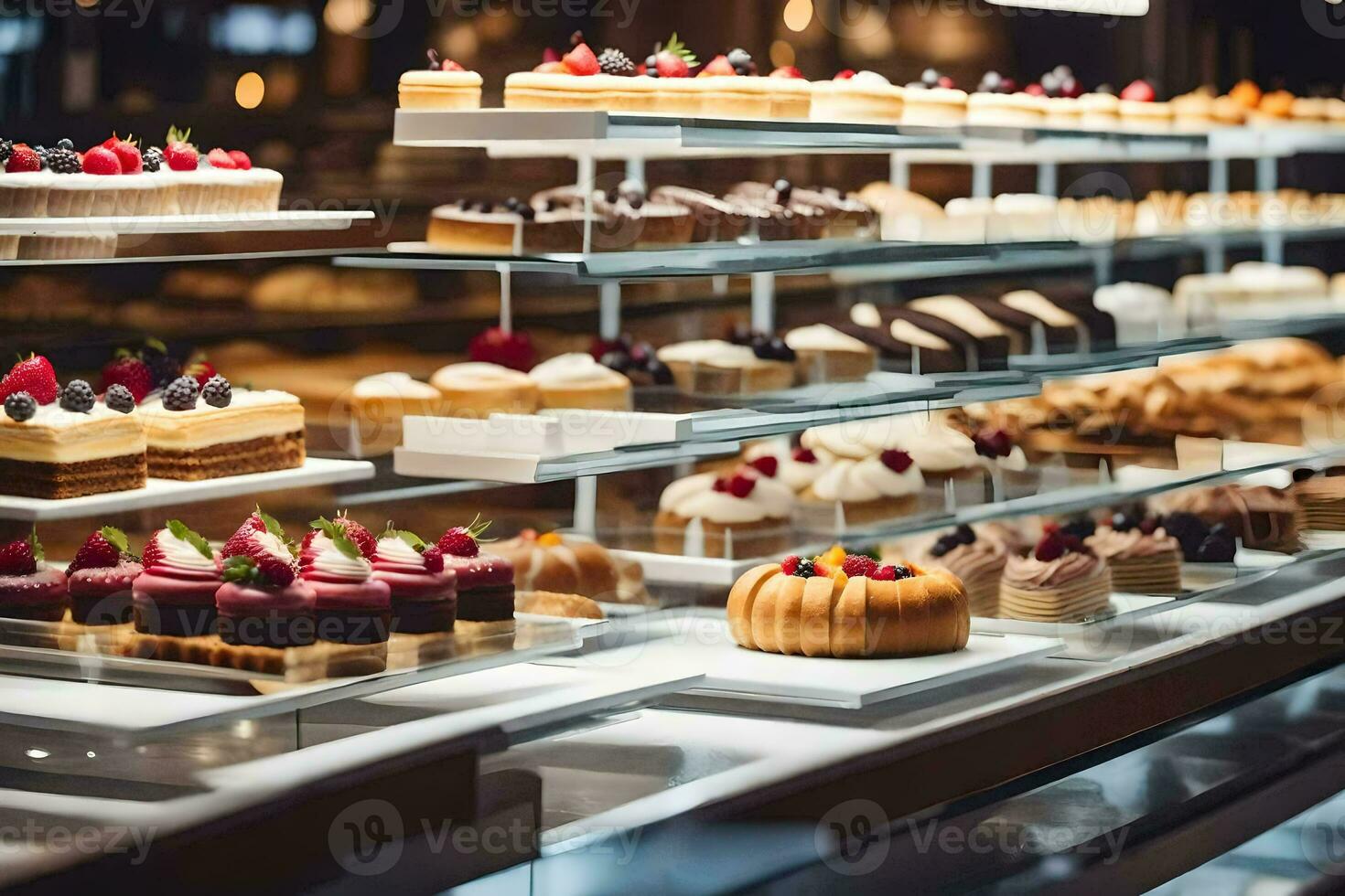 muitos diferente tipos do bolos estão em exibição dentro uma padaria. gerado por IA foto