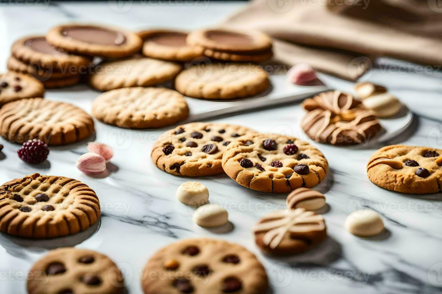 uma variedade do biscoitos em uma mármore contador. gerado por IA foto