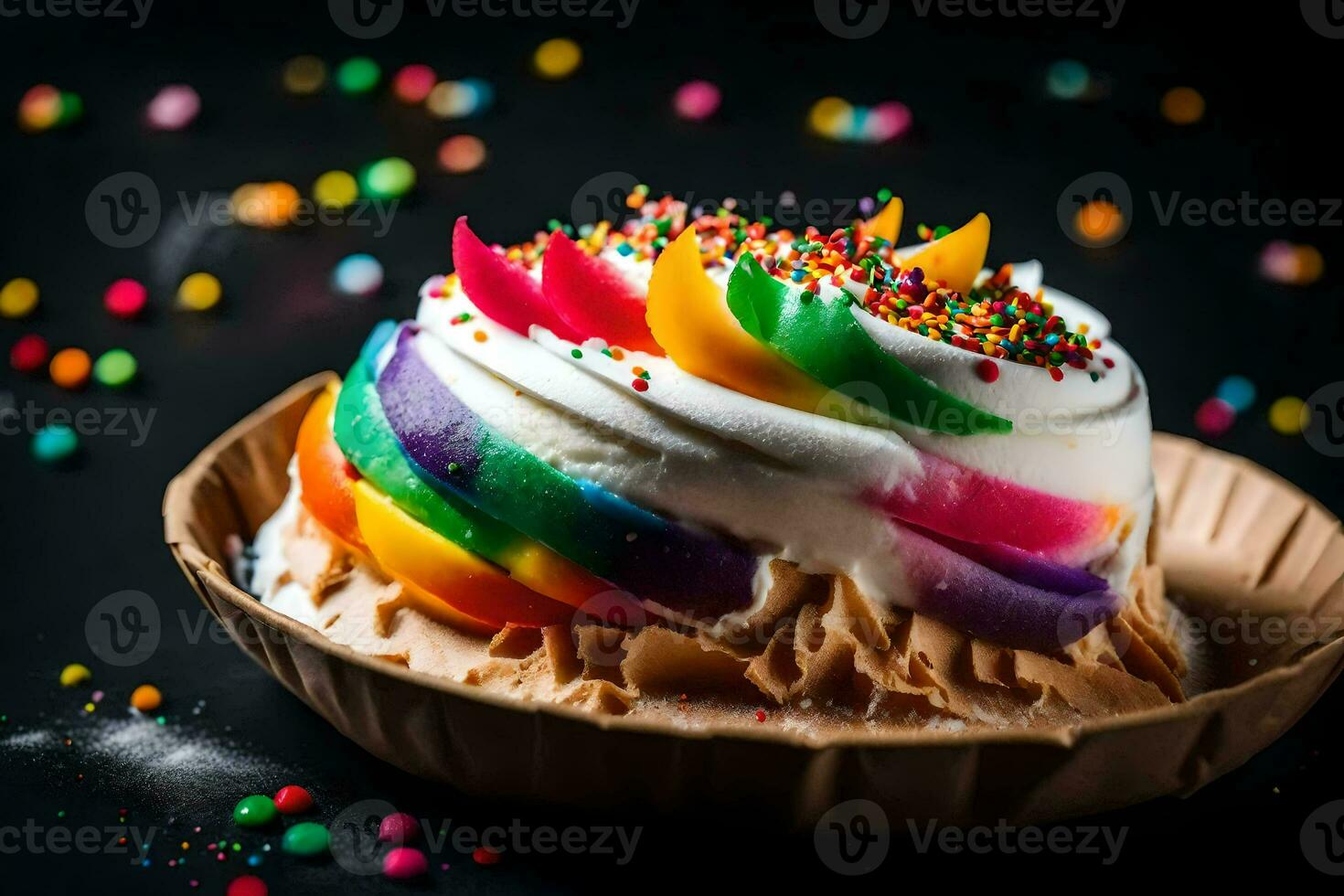 uma arco Iris bolo com granulados em topo. gerado por IA foto