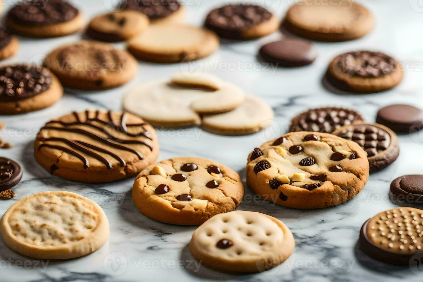 vários biscoitos e biscoitos estão arranjado em uma mármore superfície. gerado por IA foto