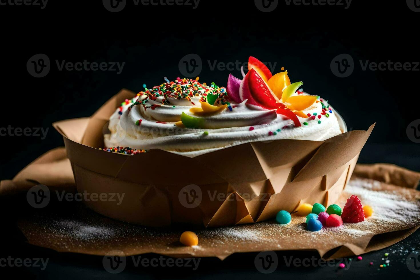 uma bolo com branco geada e granulados em uma Preto fundo. gerado por IA foto
