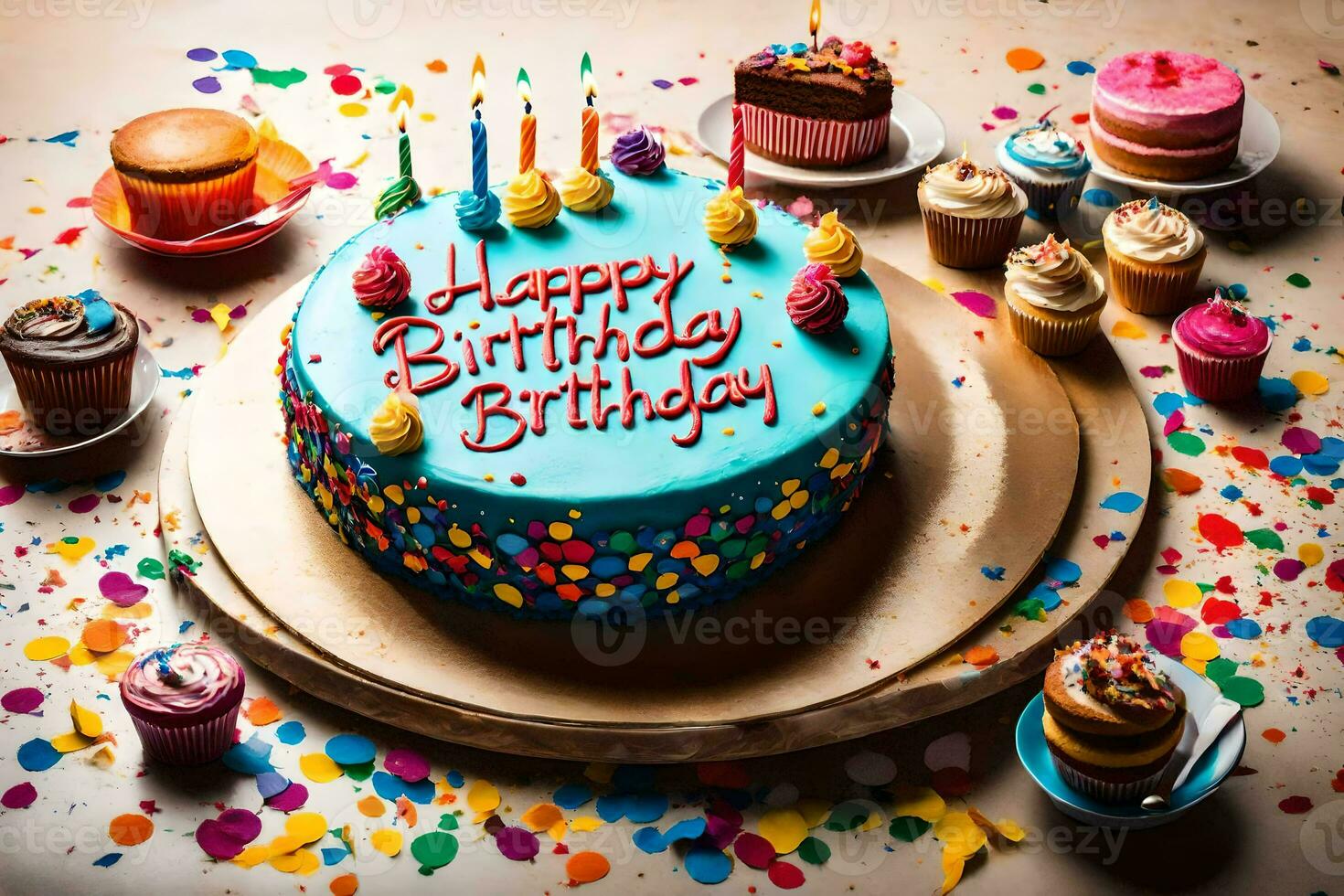 aniversário bolo com velas e confete em uma mesa. gerado por IA foto