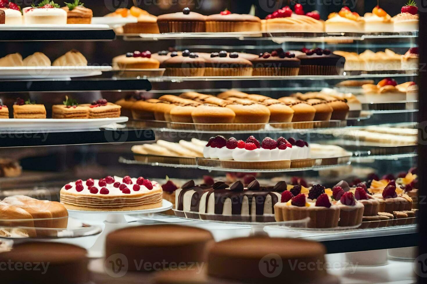 uma exibição caso preenchidas com bolos e pastelaria. gerado por IA foto