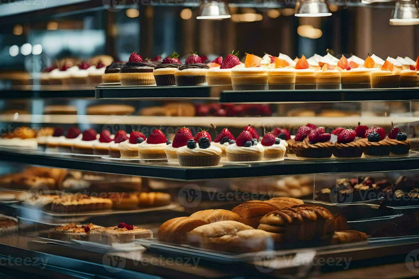 muitos diferente tipos do pastelaria estão em exibição dentro uma padaria. gerado por IA foto