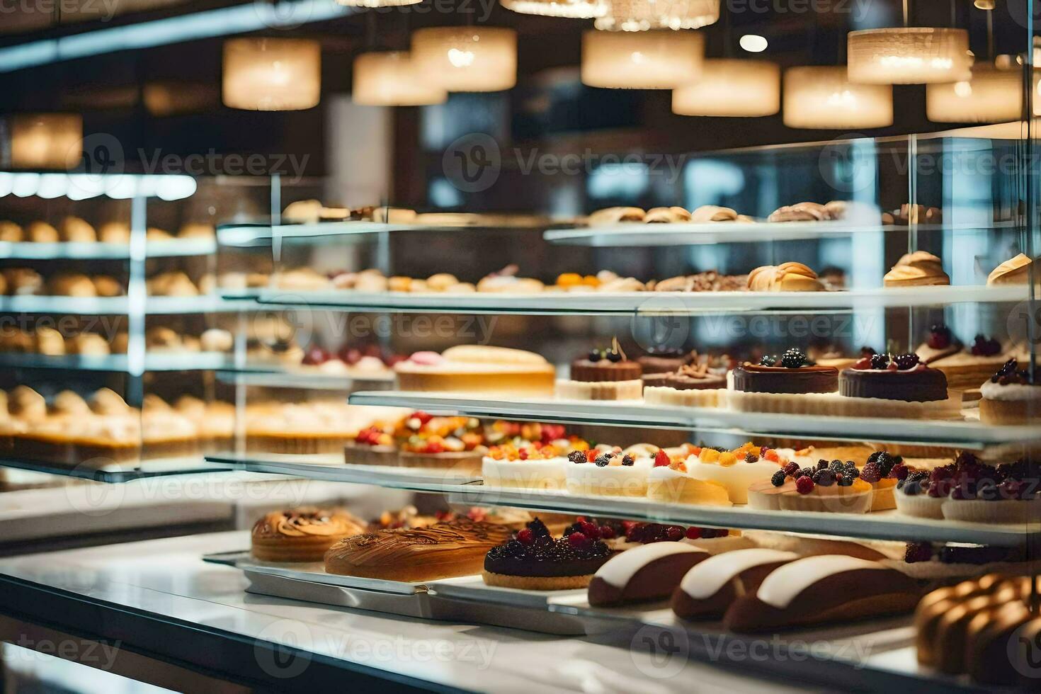 uma padaria exibição caso com muitos diferente tipos do pastelaria. gerado por IA foto