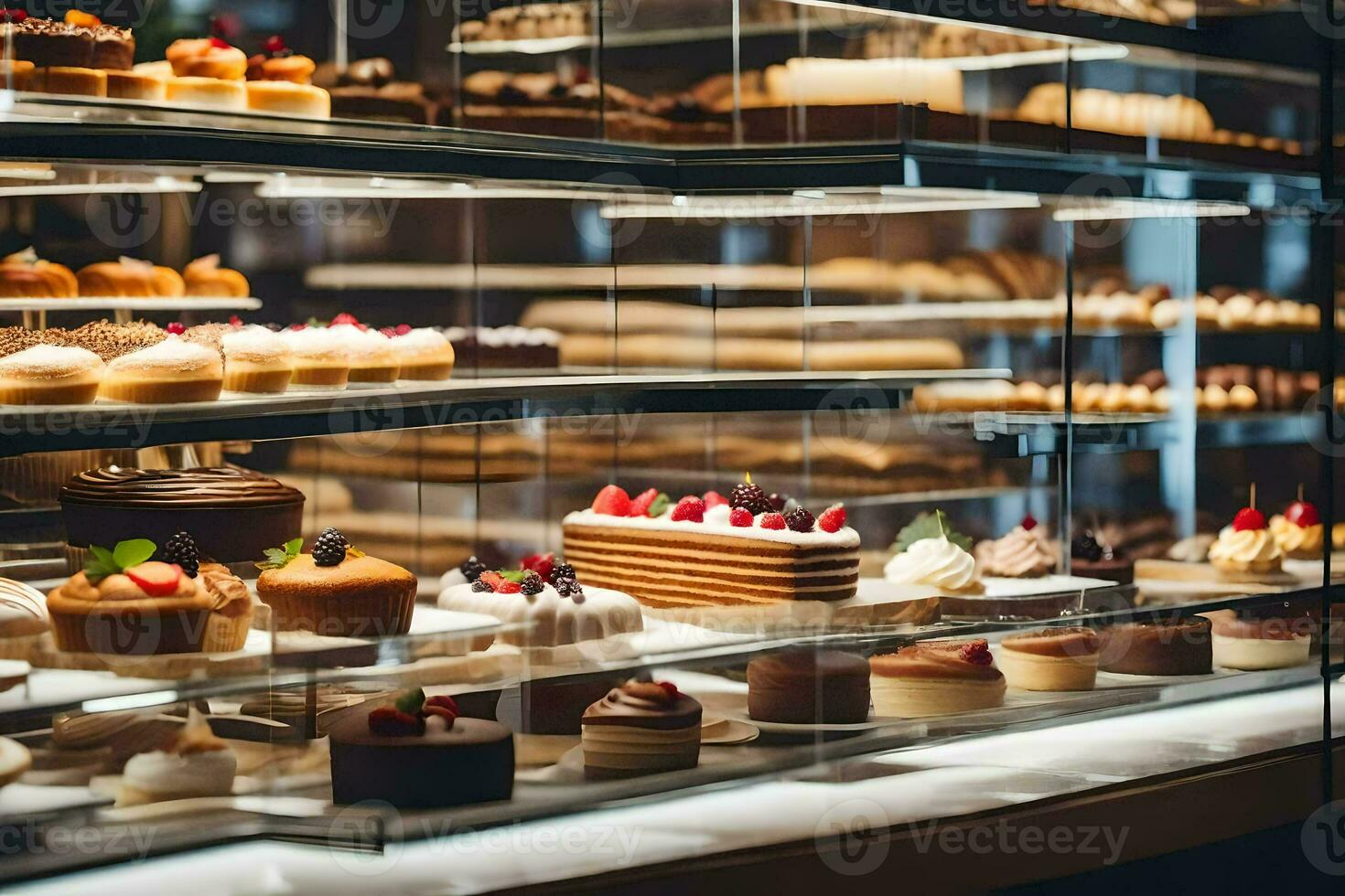 uma exibição caso preenchidas com bolos e pastelaria. gerado por IA foto