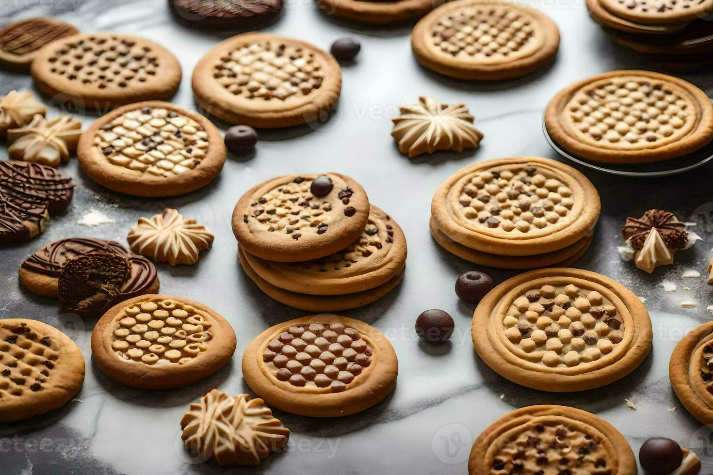 uma variedade do biscoitos estão arranjado em uma mesa. gerado por IA foto