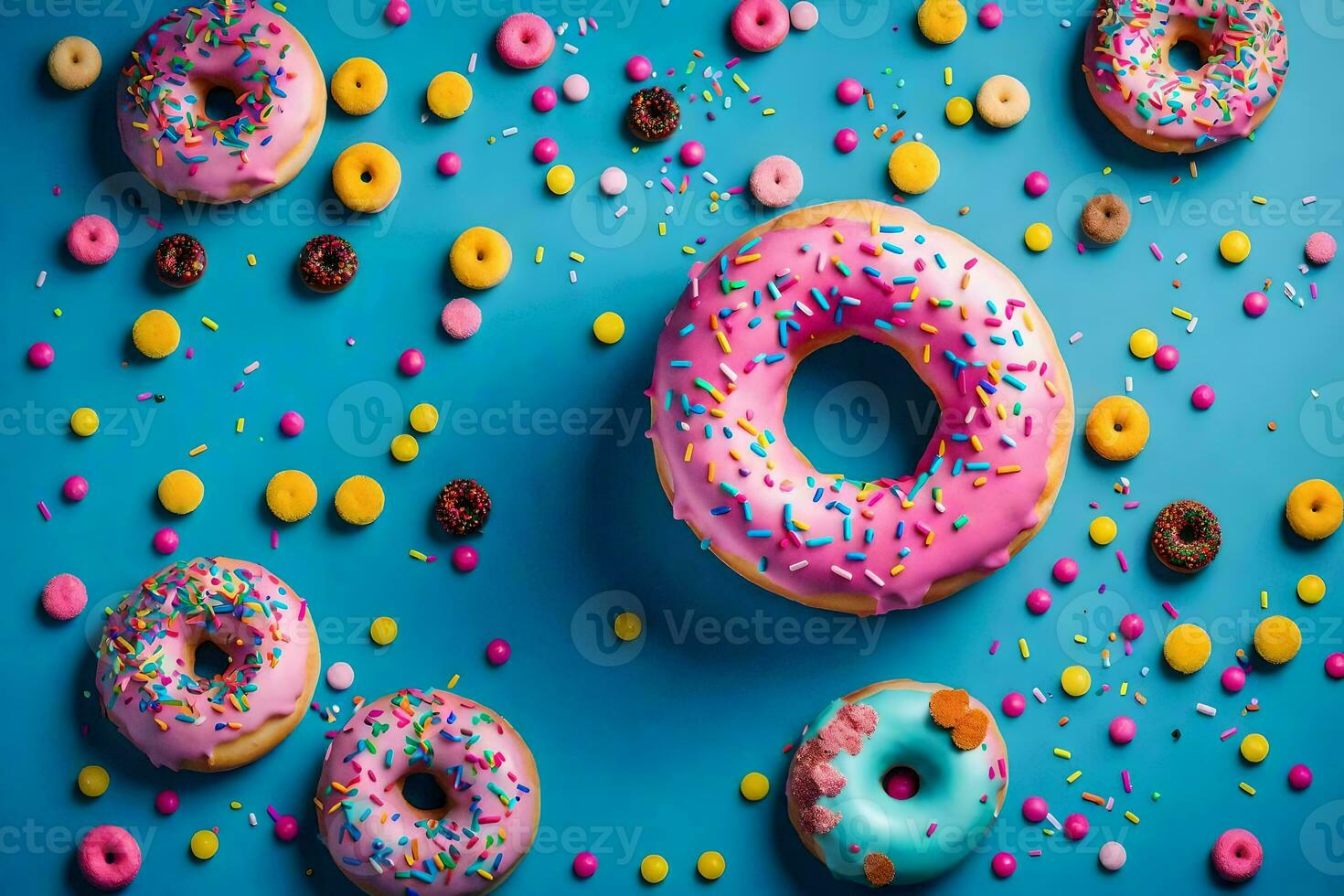 colorida rosquinhas em uma azul fundo. gerado por IA foto