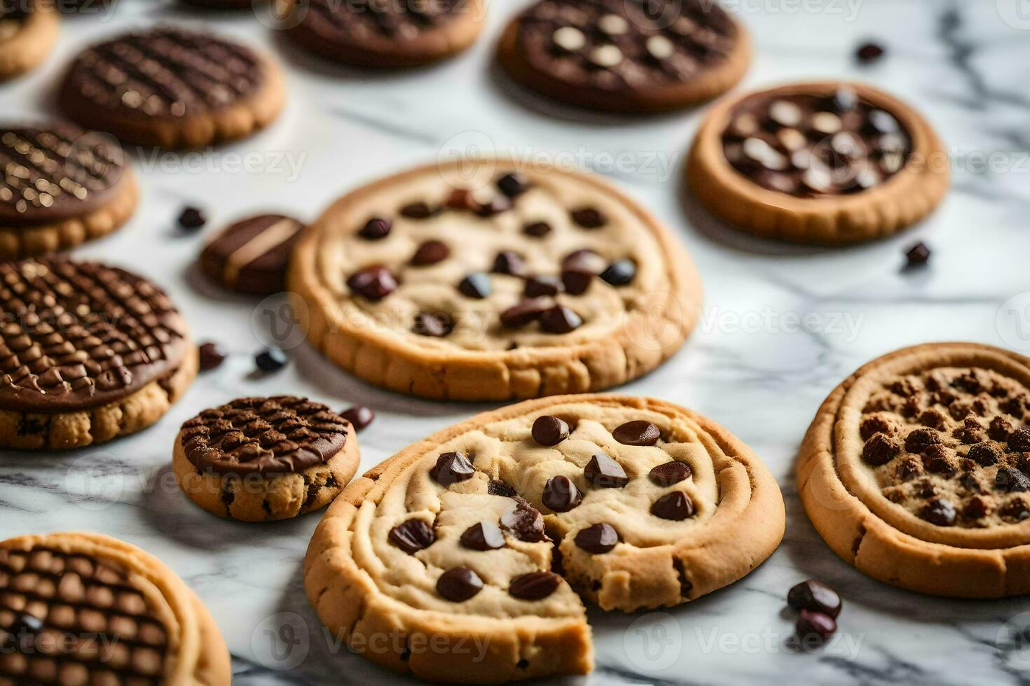 chocolate lasca biscoitos em uma mármore bancada. gerado por IA foto