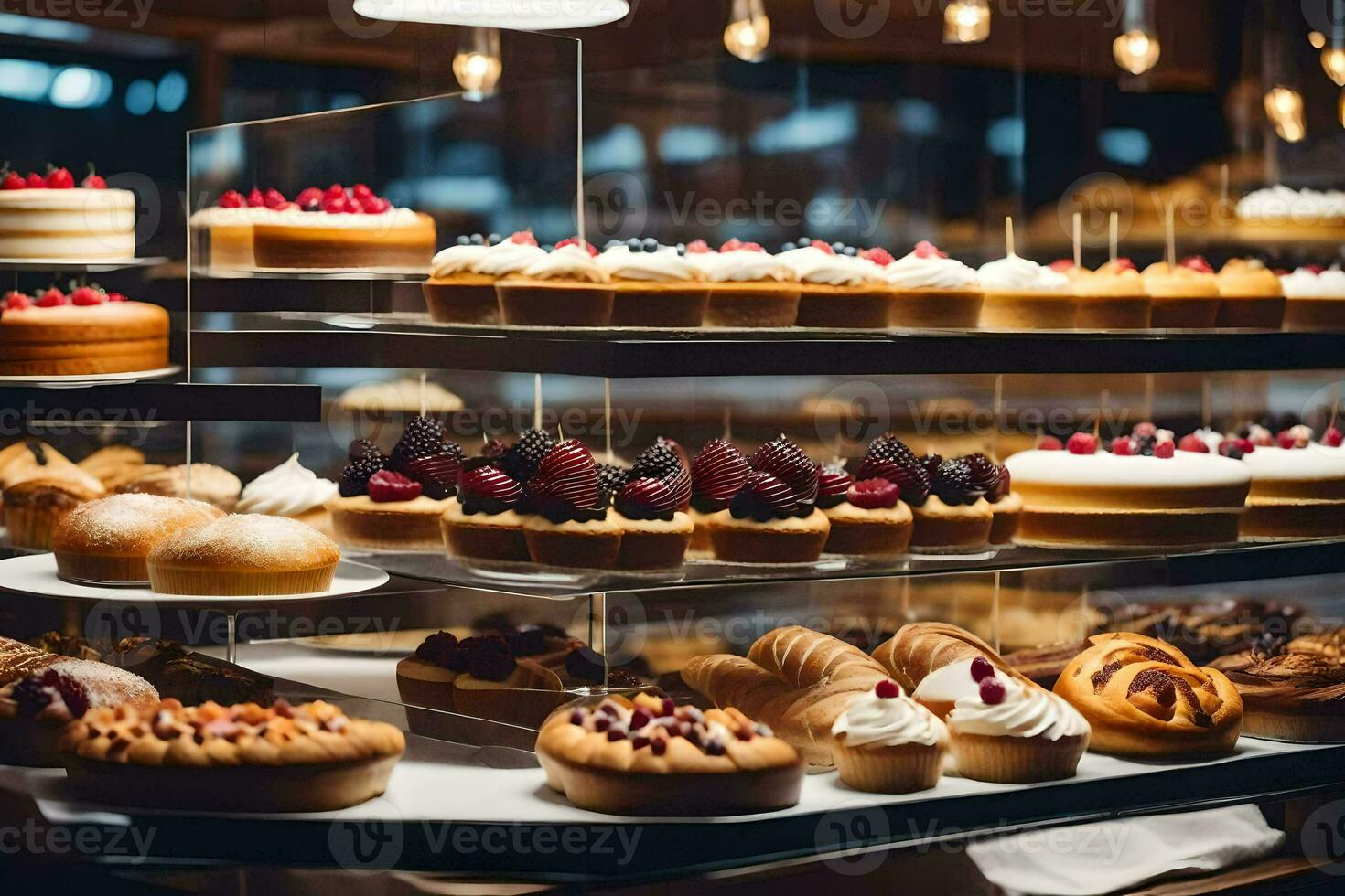 muitos diferente tipos do pastelaria estão exibido dentro uma padaria. gerado por IA foto