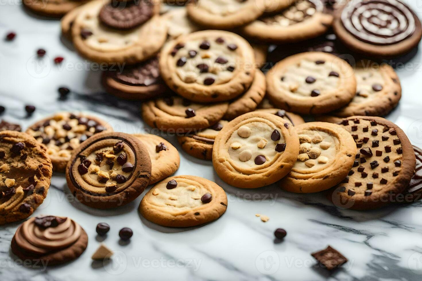 uma variedade do biscoitos em uma mármore superfície. gerado por IA foto