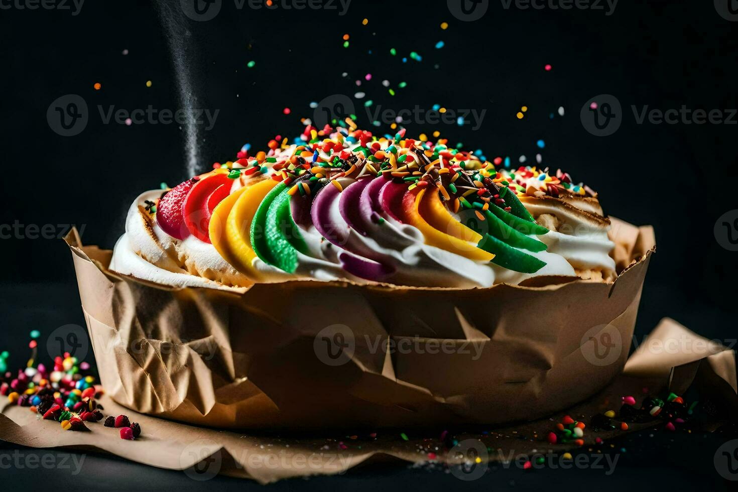 uma bolo com granulados e arco Iris gelo em topo. gerado por IA foto