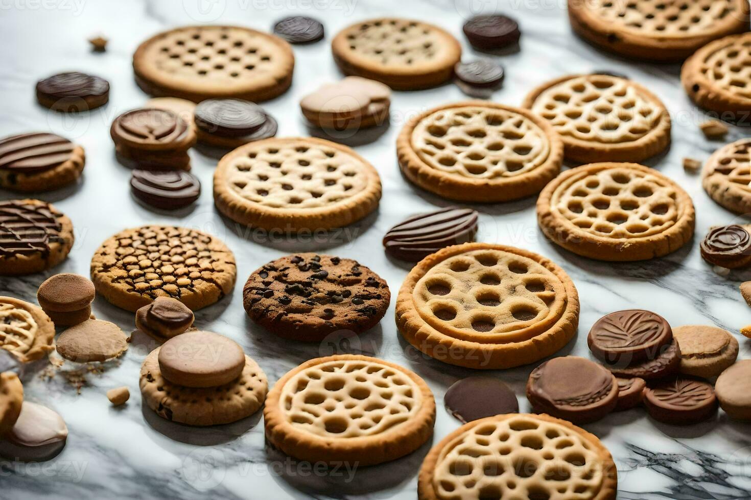 uma variedade do biscoitos e biscoitos em uma mármore superfície. gerado por IA foto