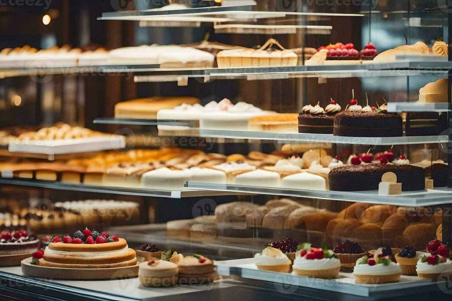 muitos diferente tipos do bolos estão em exibição dentro uma padaria. gerado por IA foto