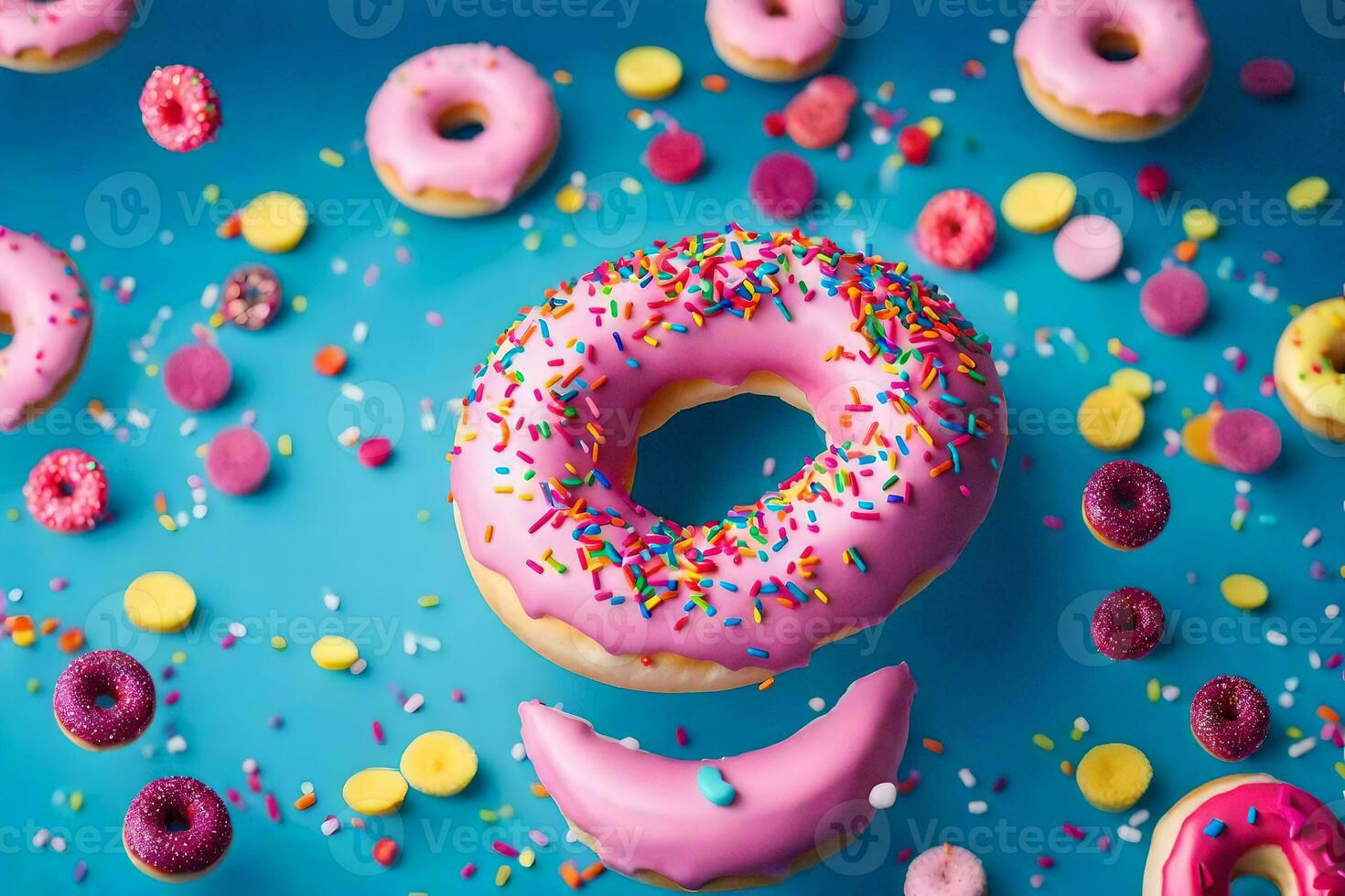 rosquinhas em uma azul fundo. gerado por IA foto