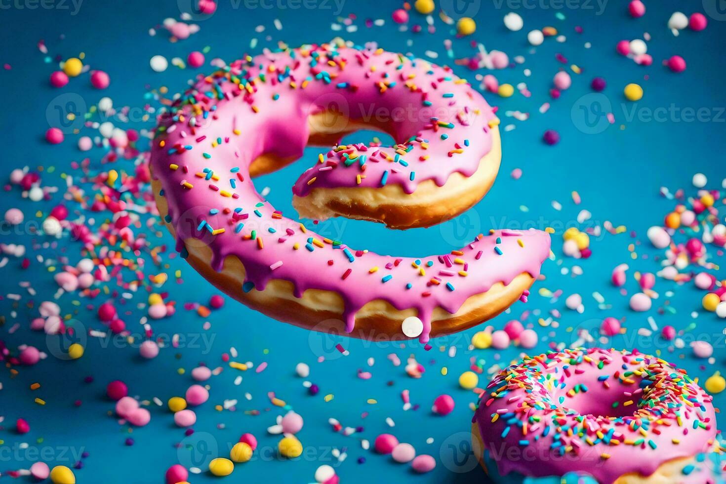 rosquinhas com Rosa gelo e granulados em uma azul fundo. gerado por IA foto