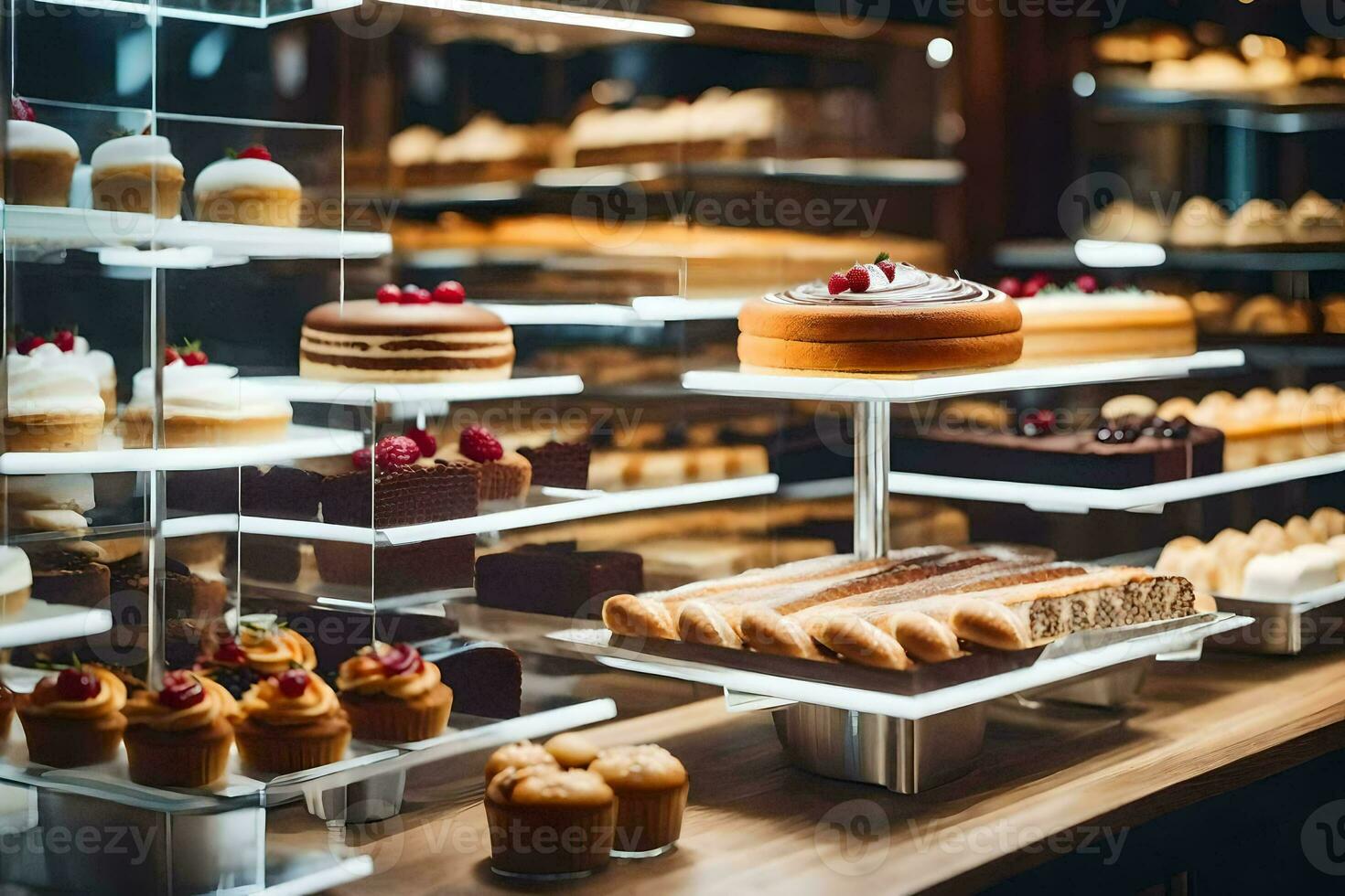 uma padaria exibição com muitos diferente tipos do pastelaria. gerado por IA foto