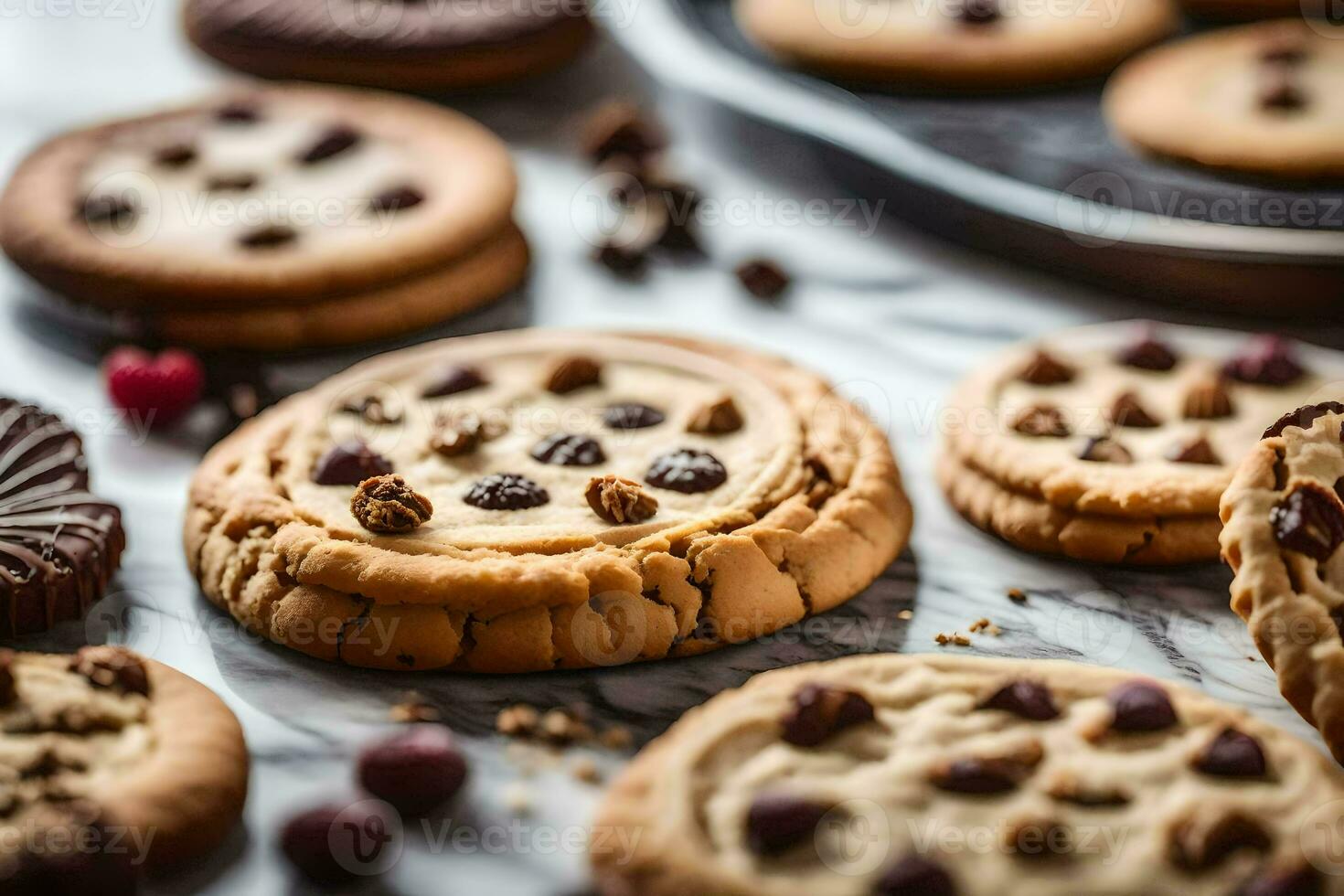 chocolate lasca biscoitos com chocolate salgadinhos e cerejas. gerado por IA foto