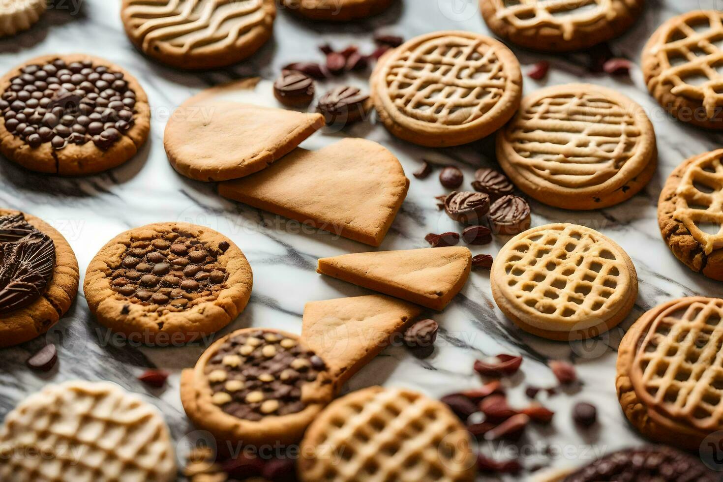 uma variedade do biscoitos estão arranjado em uma mármore superfície. gerado por IA foto