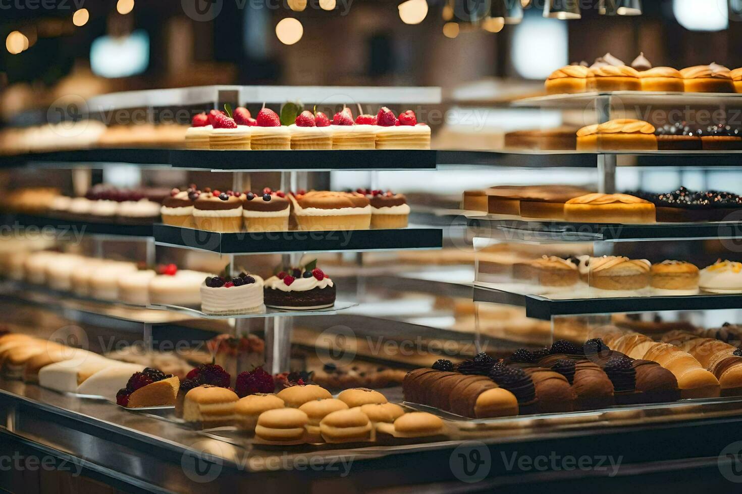 uma padaria exibição caso com muitos diferente tipos do pastelaria. gerado por IA foto