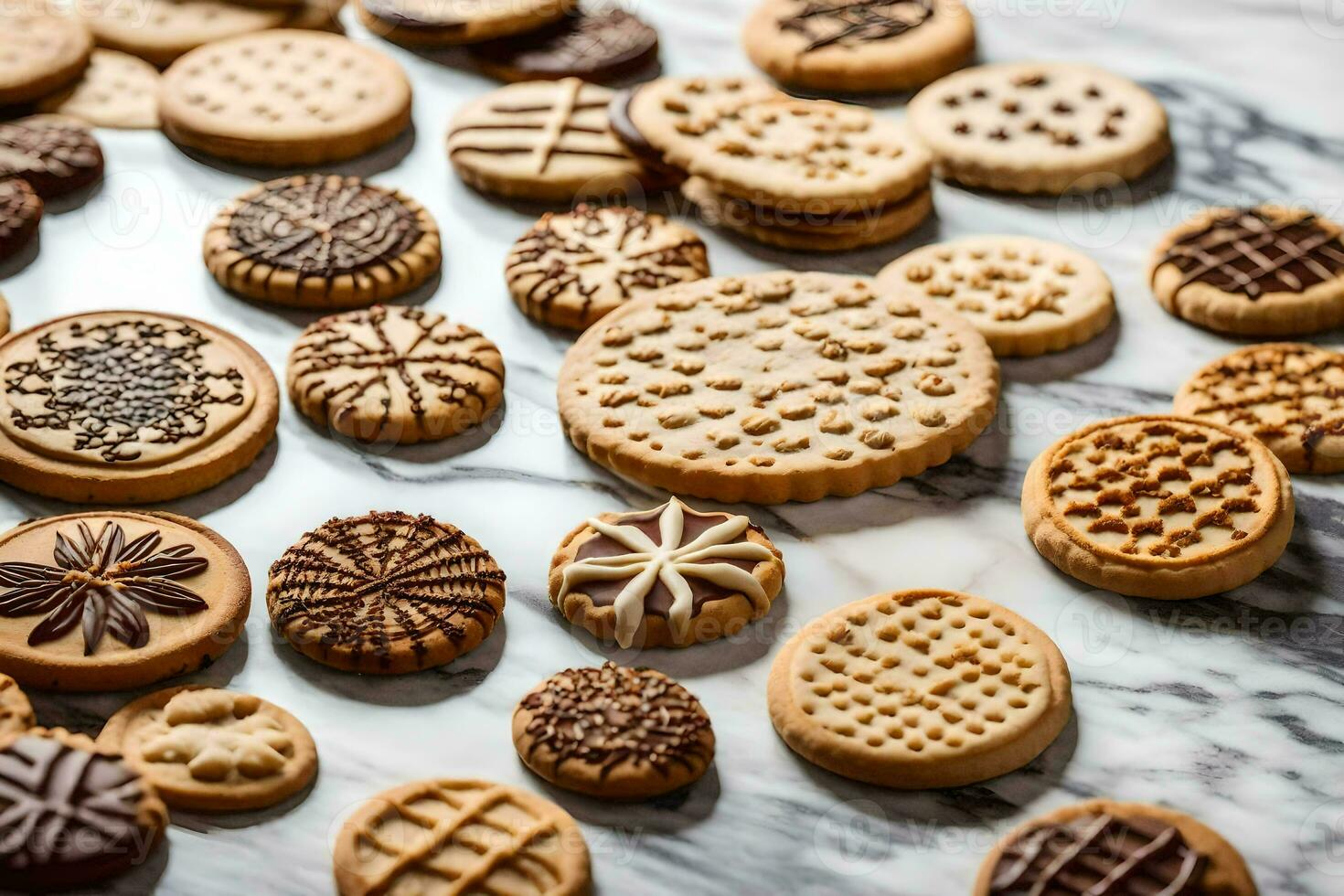 uma variedade do biscoitos estão arranjado em uma mármore superfície. gerado por IA foto