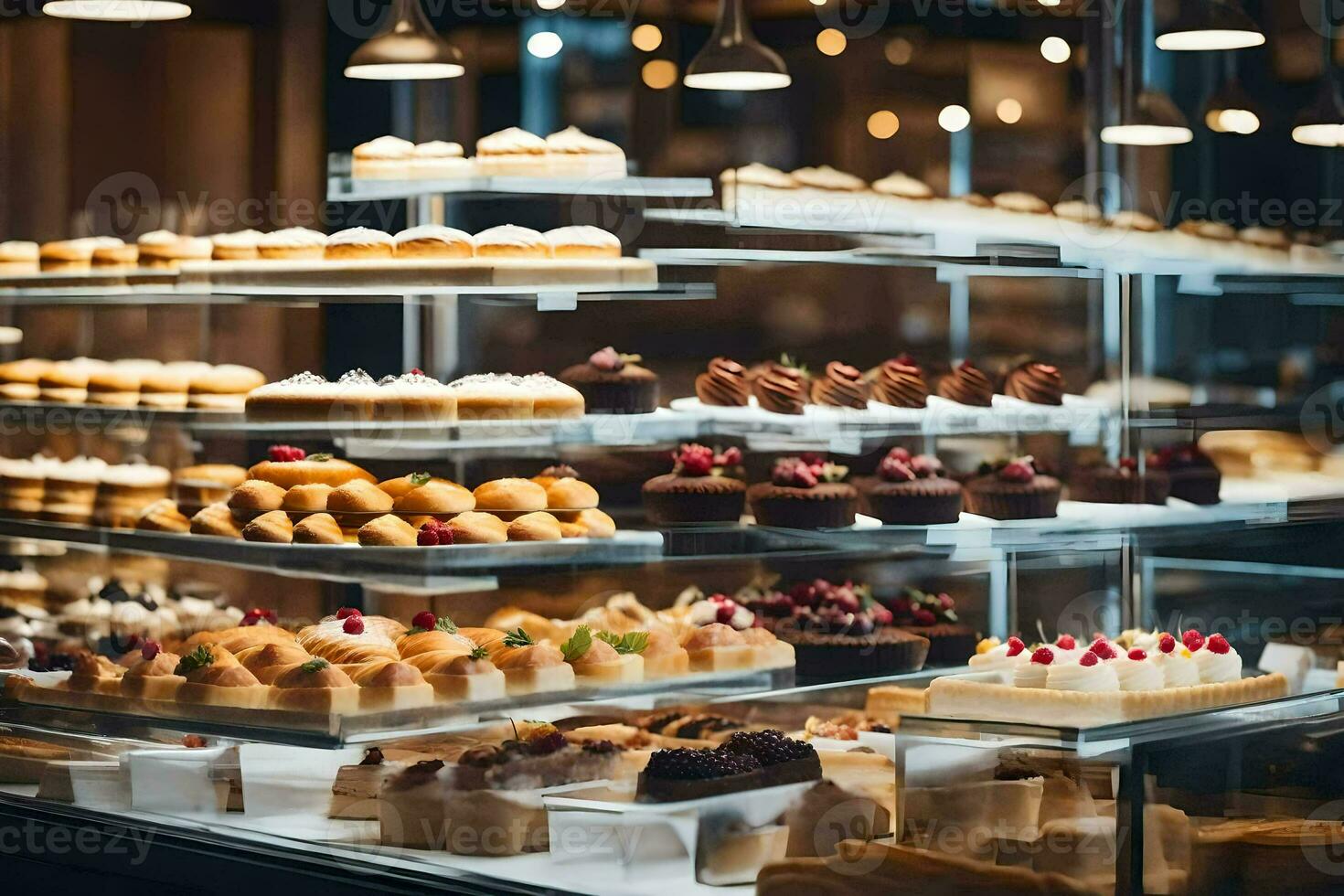 uma padaria exibição caso com muitos diferente tipos do pastelaria. gerado por IA foto