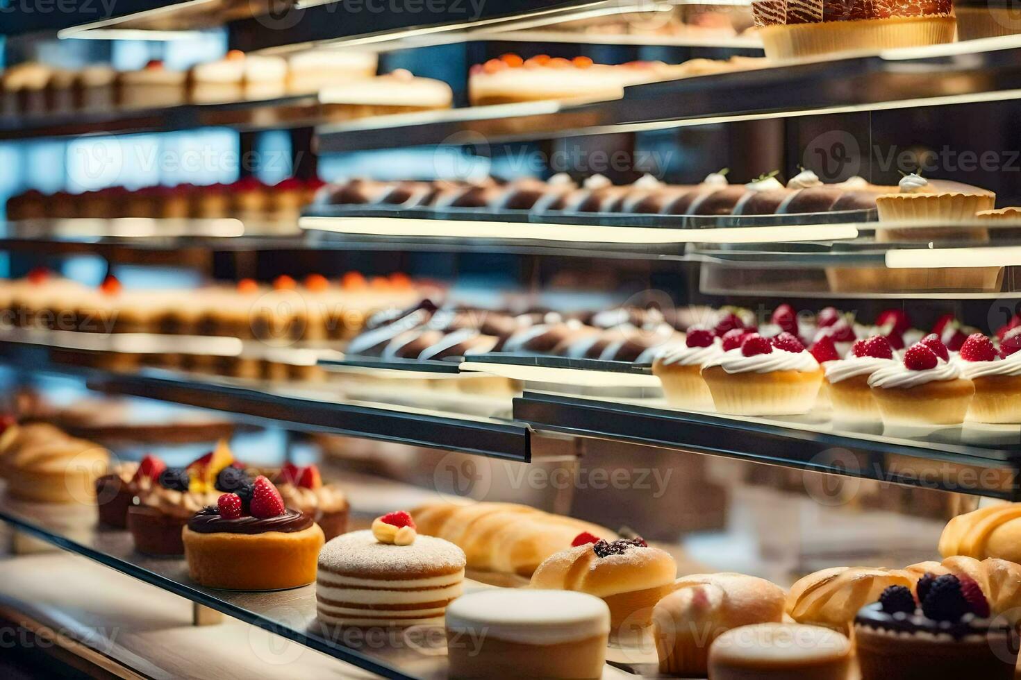 muitos diferente tipos do pastelaria estão em exibição dentro uma padaria. gerado por IA foto