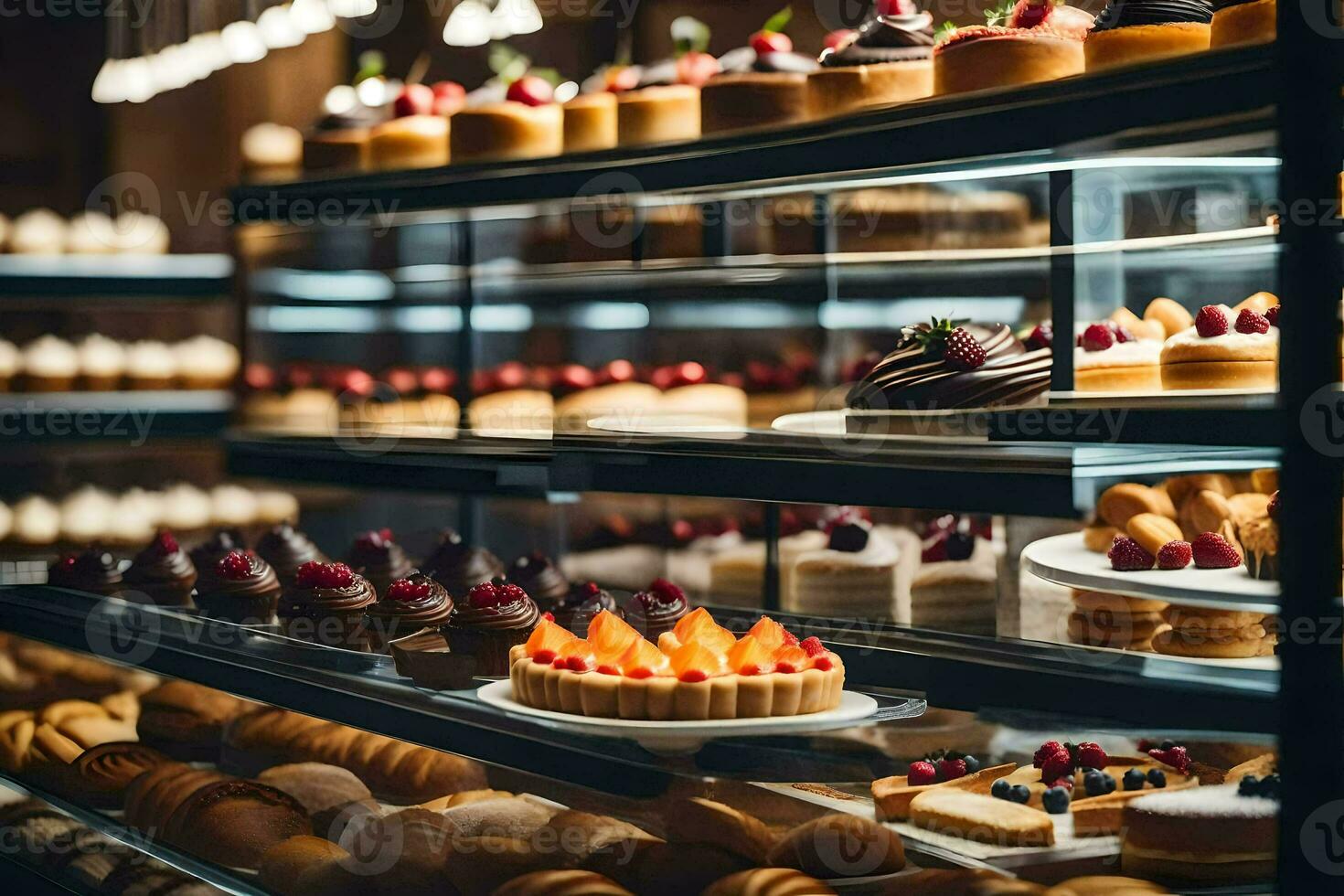 muitos diferente tipos do pastelaria estão em exibição dentro uma padaria. gerado por IA foto