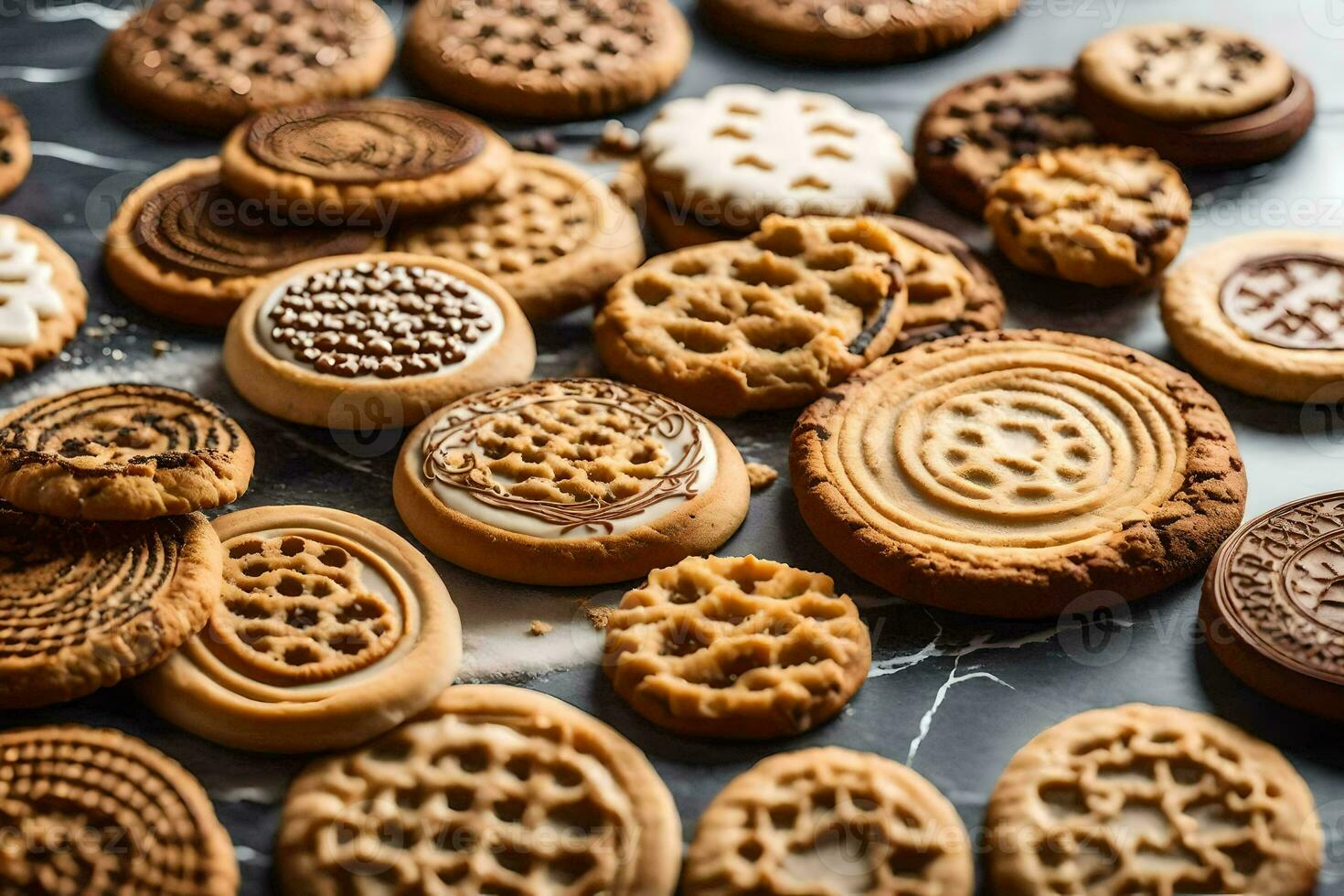 uma variedade do biscoitos estão arranjado em uma mesa. gerado por IA foto