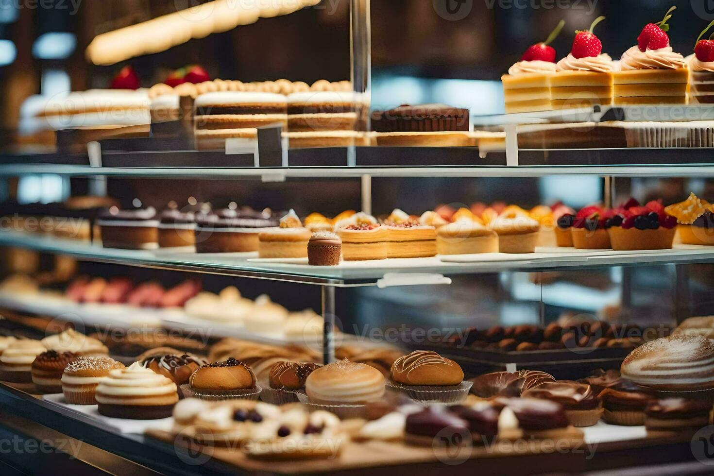 muitos diferente tipos do pastelaria estão em exibição dentro uma padaria. gerado por IA foto