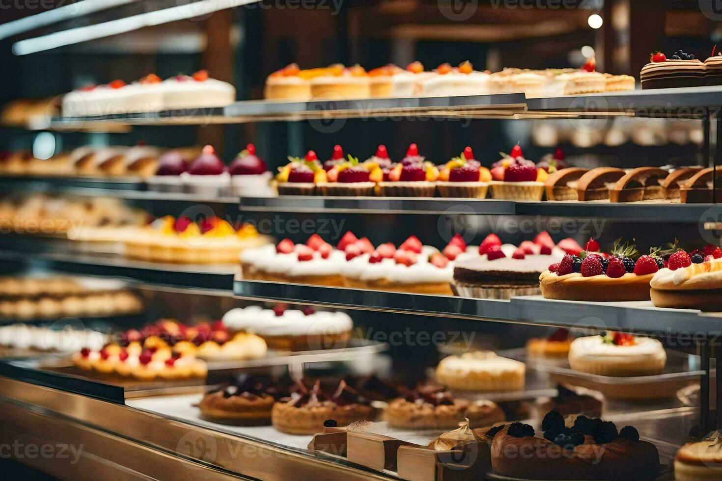 muitos diferente tipos do bolos estão em exibição dentro uma padaria. gerado por IA foto