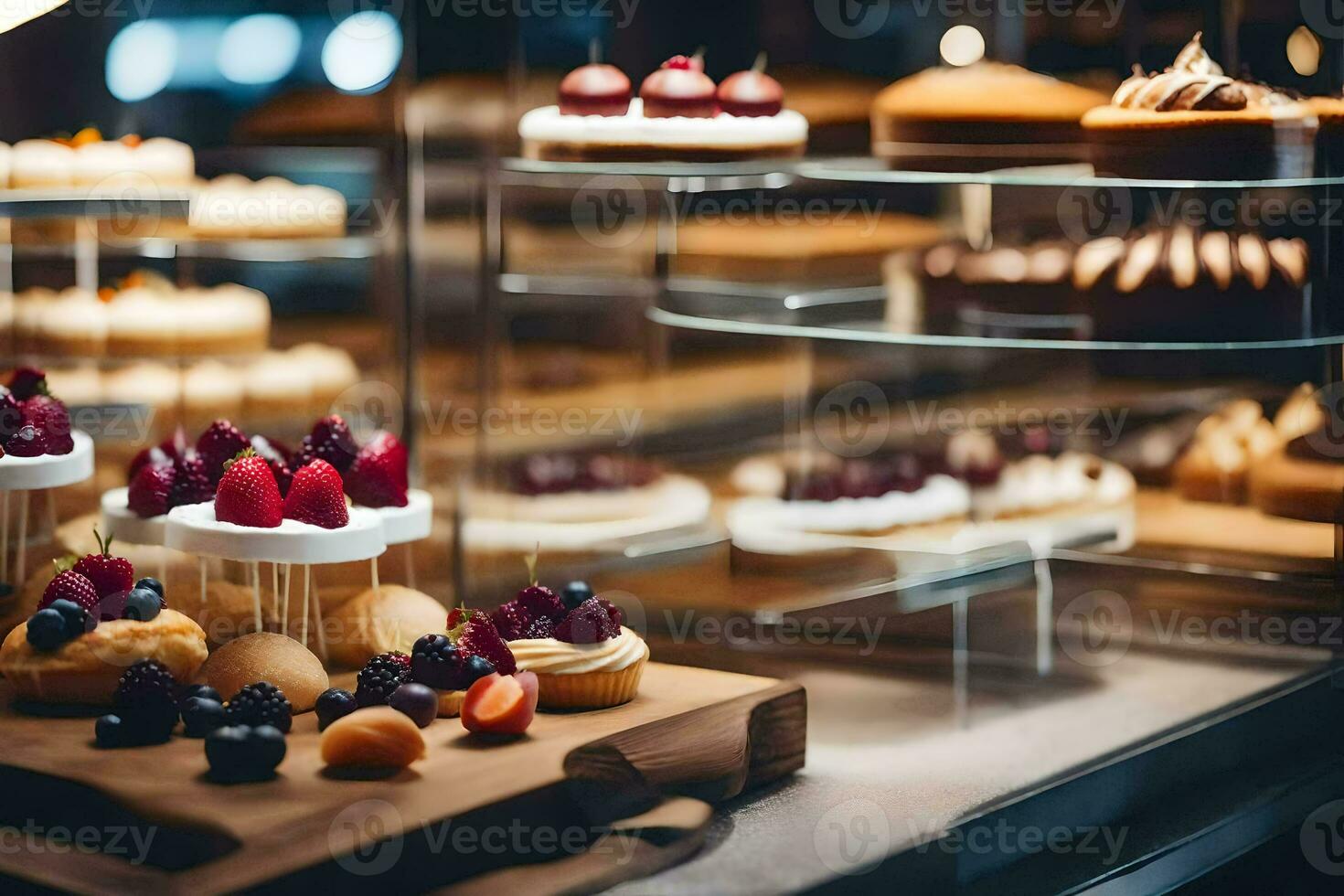 uma exibição caso com vários tipos do pastelaria. gerado por IA foto