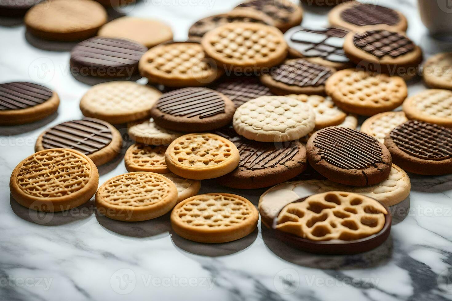 uma pilha do biscoitos em uma mármore contador. gerado por IA foto