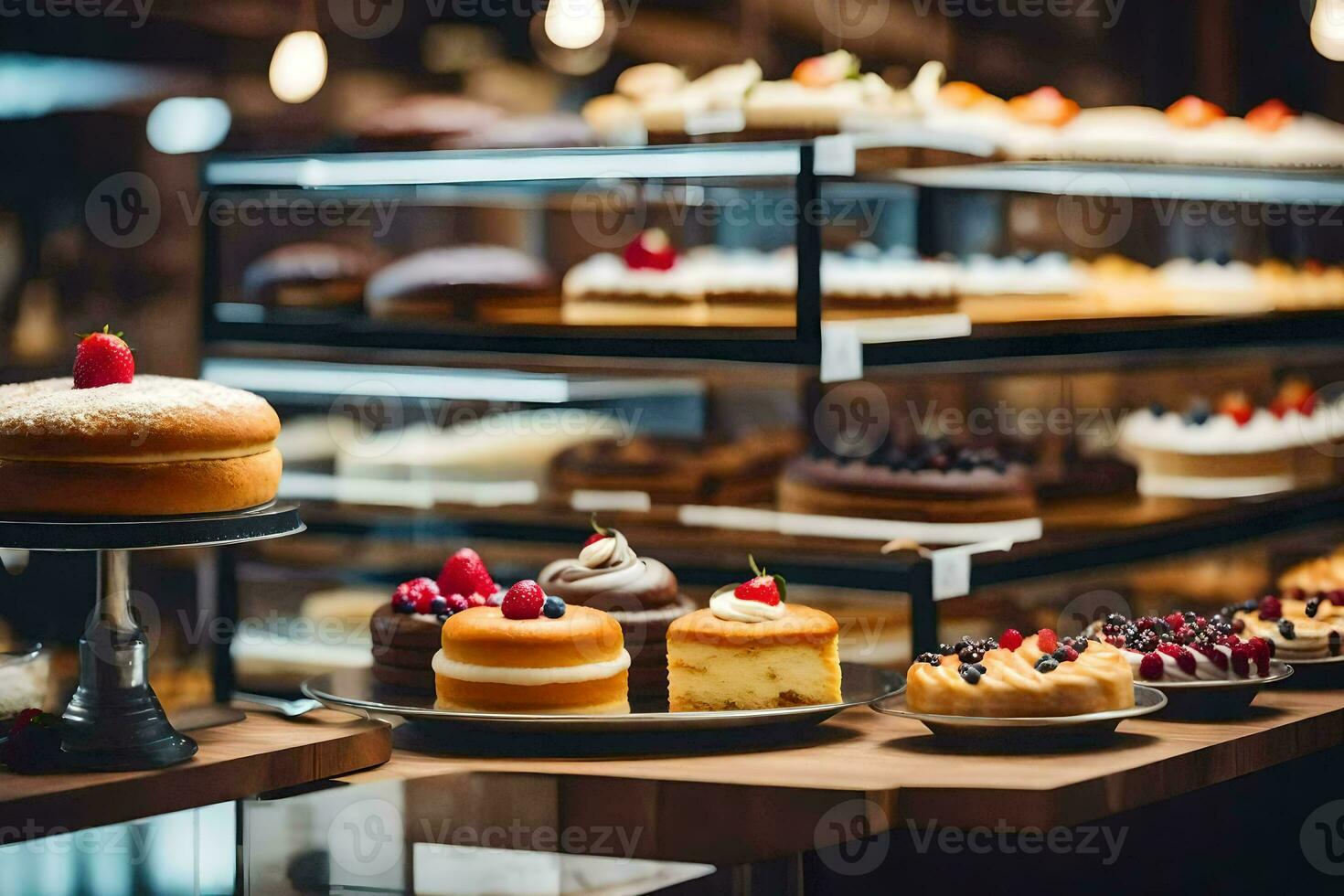uma padaria com muitos diferente tipos do bolos em mostrar. gerado por IA foto