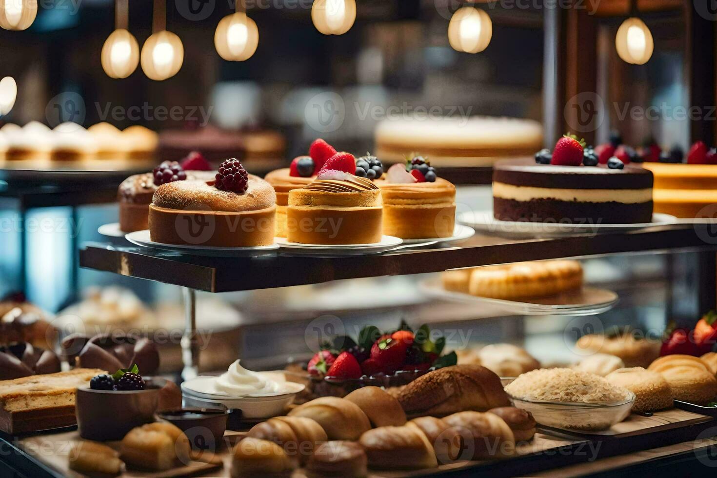 uma exibição do pastelaria e sobremesas dentro uma padaria. gerado por IA foto