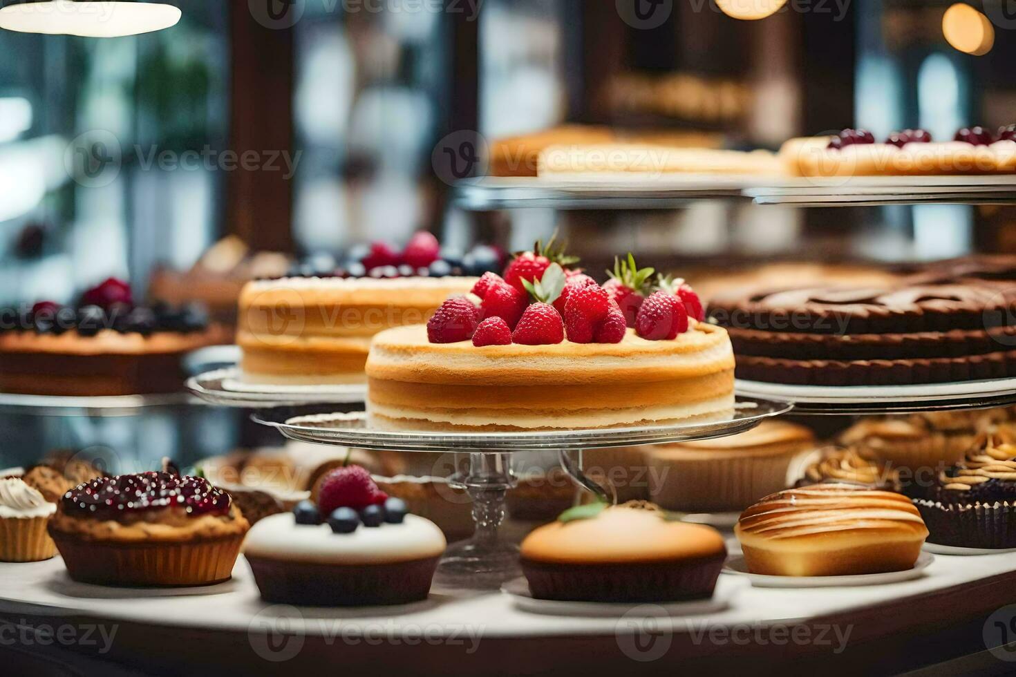 uma exibição do bolos e pastelaria dentro uma padaria. gerado por IA foto