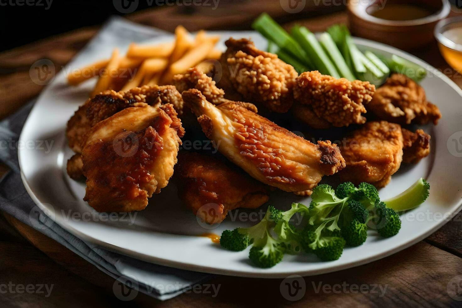 frango asas e fritas em uma placa. gerado por IA foto