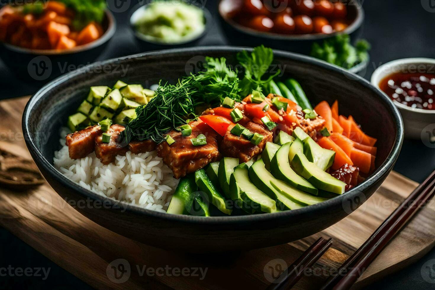 uma tigela do arroz, legumes e carne com pauzinhos. gerado por IA foto