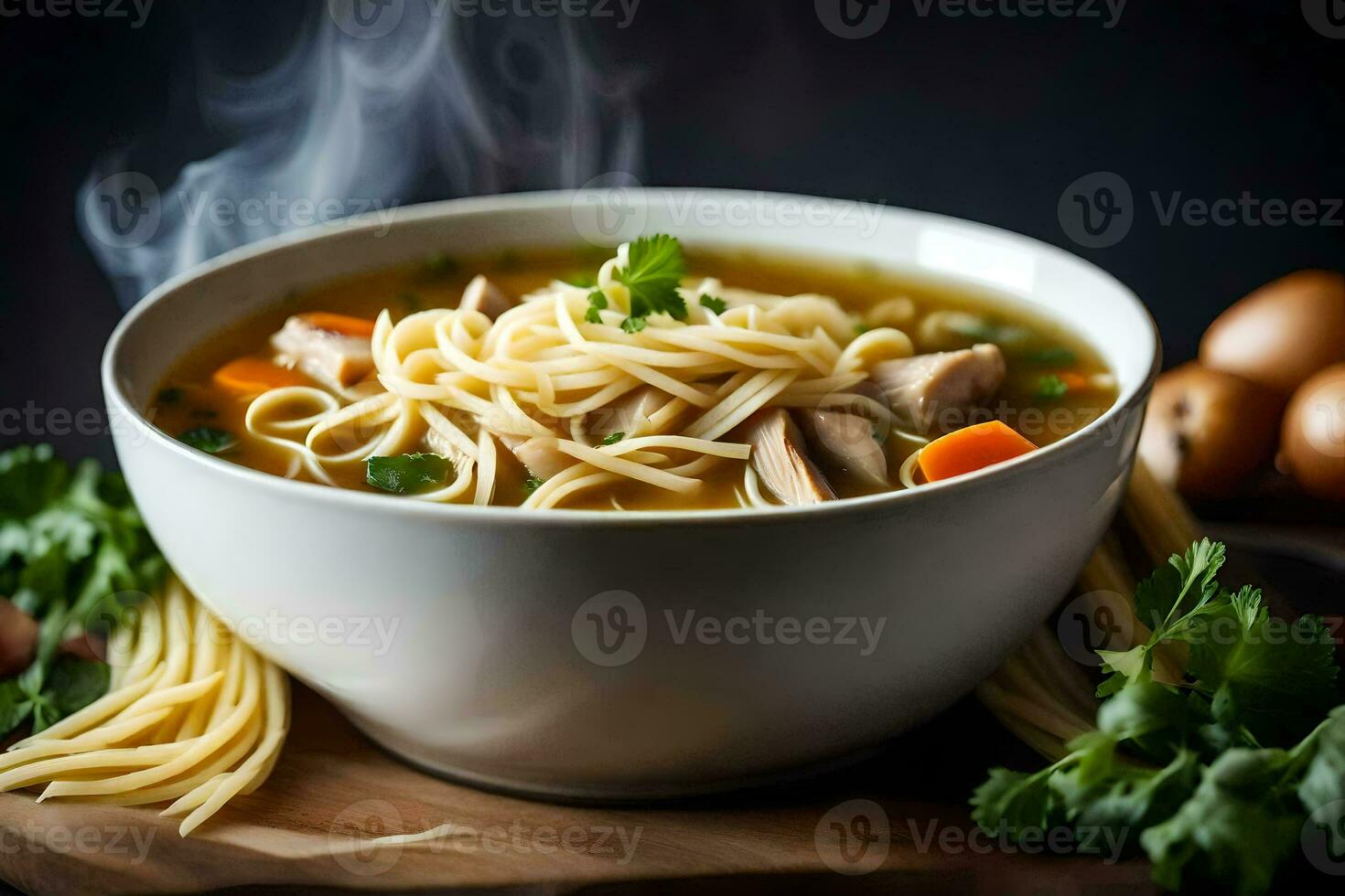 frango macarrão sopa dentro uma tigela. gerado por IA foto