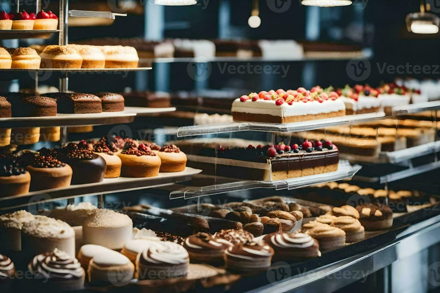 uma padaria exibição com muitos diferente tipos do bolos. gerado por IA foto
