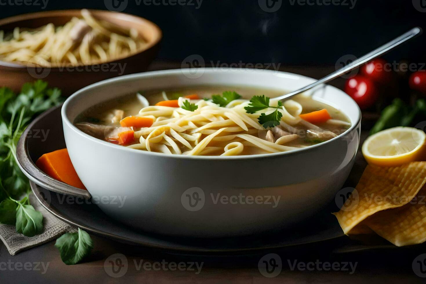 uma tigela do frango macarrão sopa com uma colher. gerado por IA foto