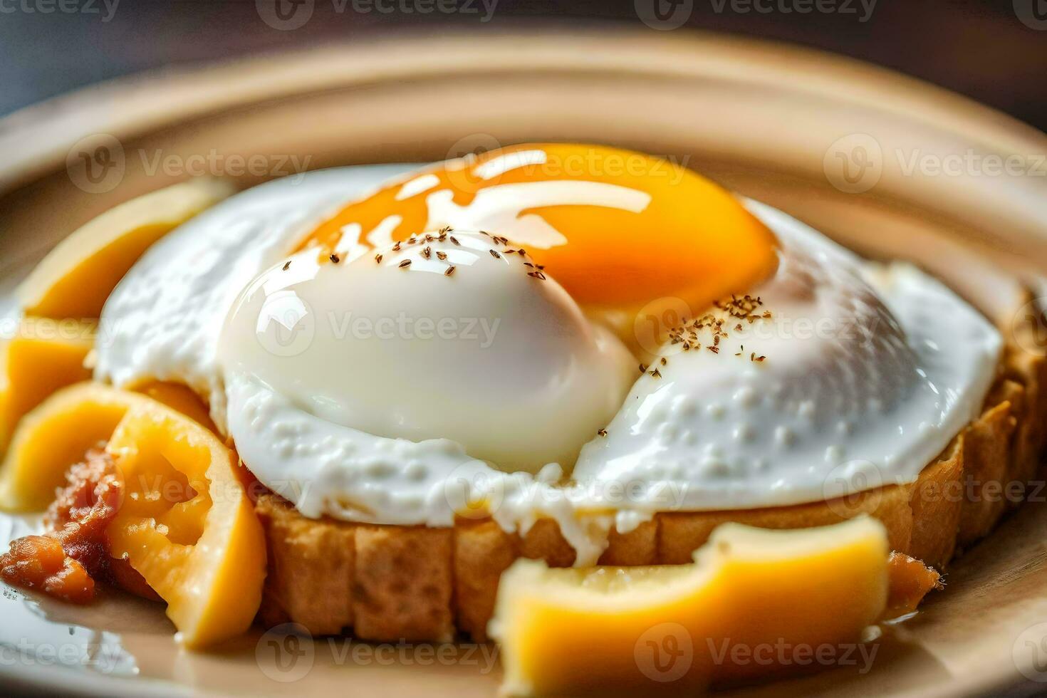 ovos em torrada com fatiado laranjas. gerado por IA foto