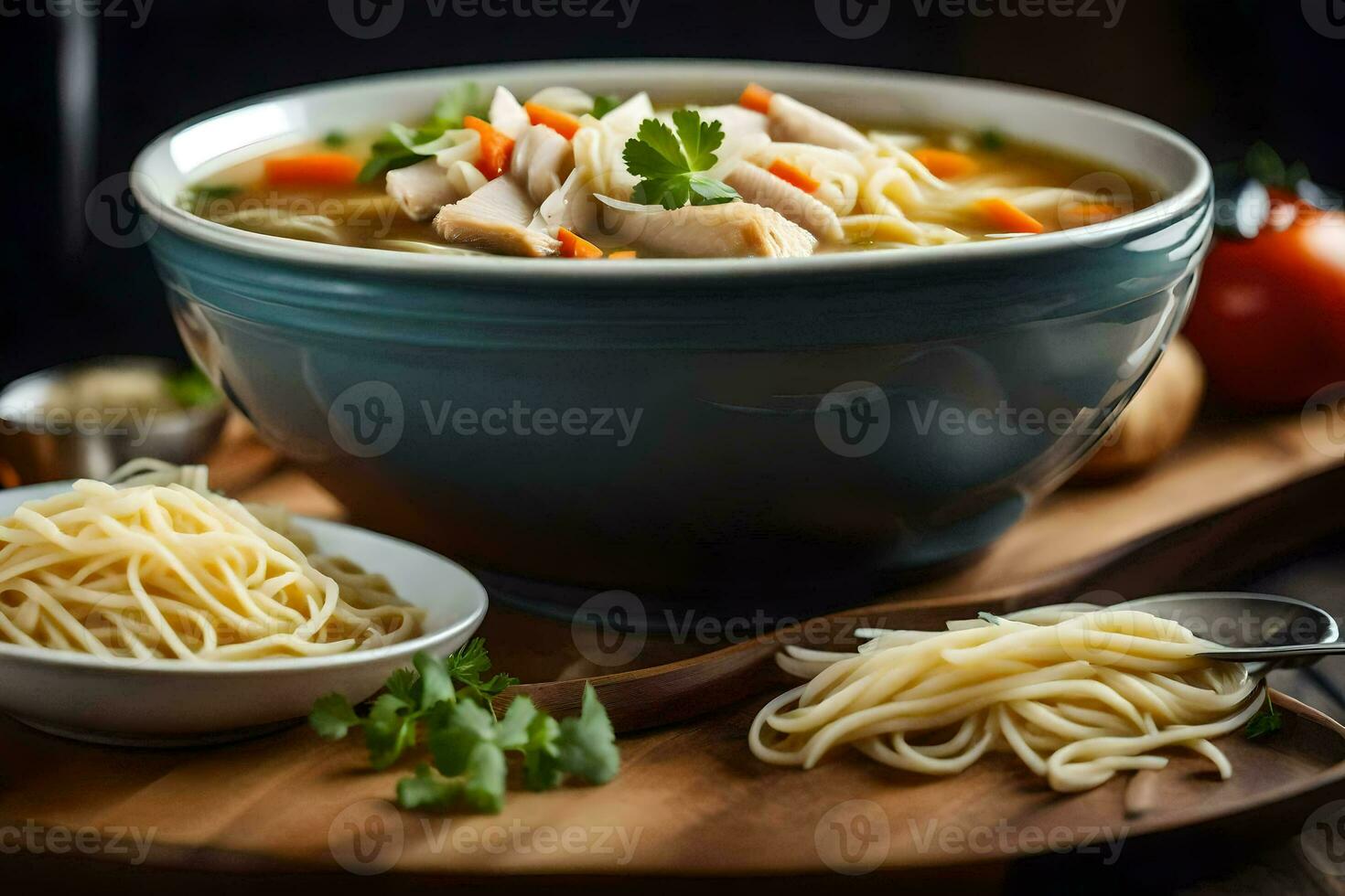 frango macarrão sopa dentro uma tigela com Macarrão e legumes. gerado por IA foto