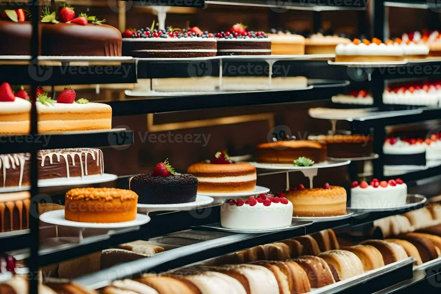 uma exibição do bolos dentro uma padaria. gerado por IA foto
