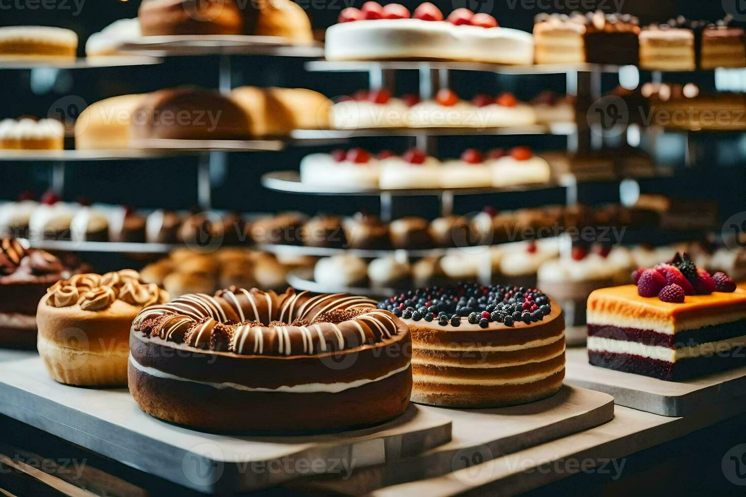 muitos diferente tipos do bolos estão em exibição dentro uma padaria. gerado por IA foto