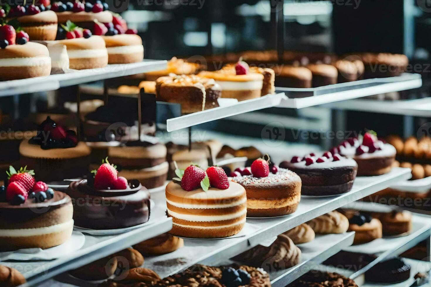 muitos diferente tipos do bolos estão em exibição dentro uma padaria. gerado por IA foto