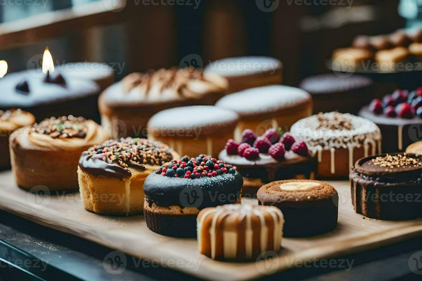 uma bandeja do bolos e pastelaria em uma mesa. gerado por IA foto