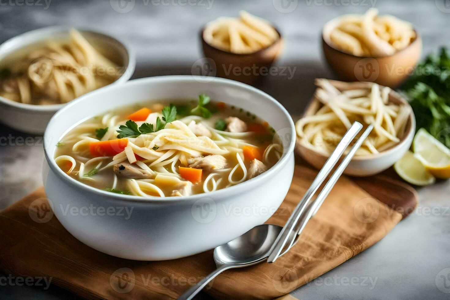 frango macarrão sopa com legumes e Macarrão. gerado por IA foto