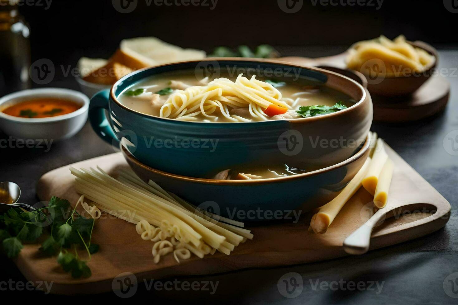 uma tigela do sopa com Macarrão e legumes em uma de madeira corte borda. gerado por IA foto